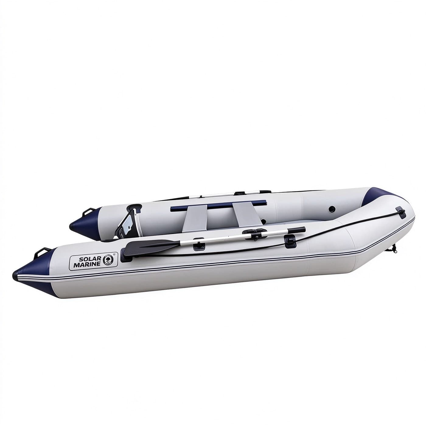 Solar Marine MC330-3 inflatable boat, front three-quarter view in grey and navy