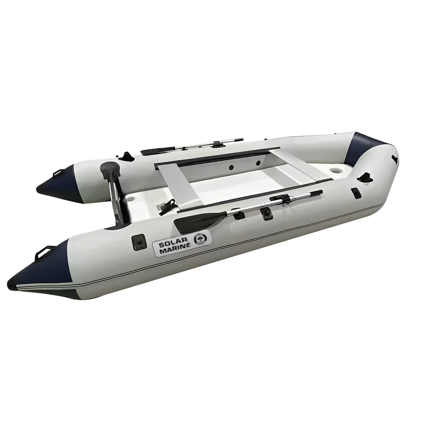 Solar Marine MC360-3 inflatable boat, front three-quarter view in grey and navy