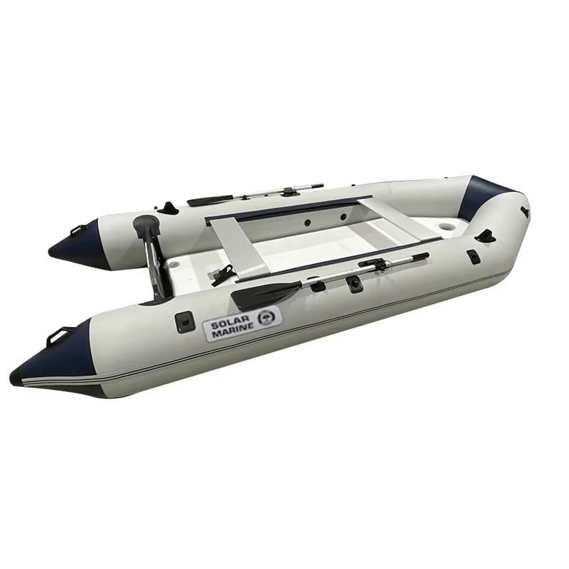 Solar Marine MC400-3 inflatable boat, front three-quarter view in grey and navy